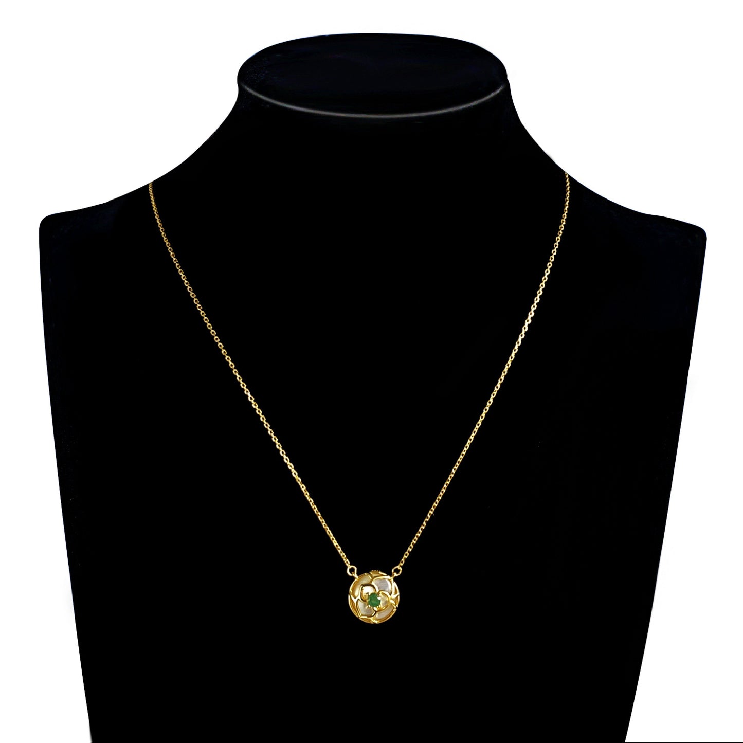 Natural Emerald Pendant 18K Gold Inlaid Natural White Silver Necklace Collar Chain