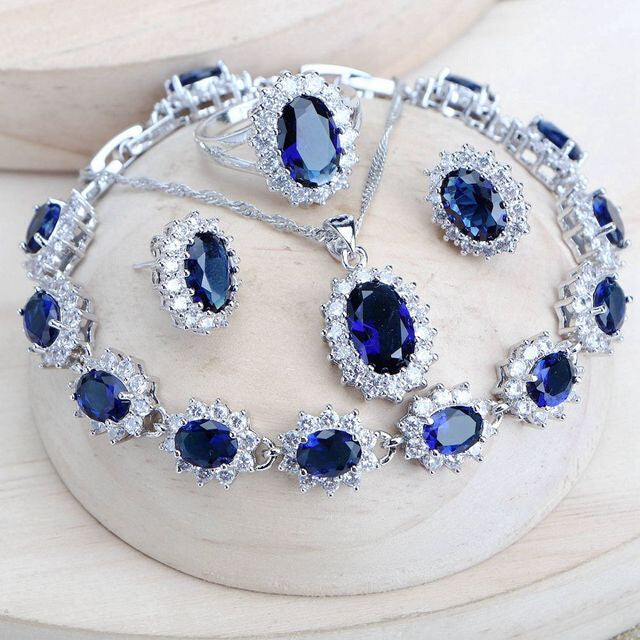 Zilver 925 dames bruidssieradensets blauw zirkonia-kostuum