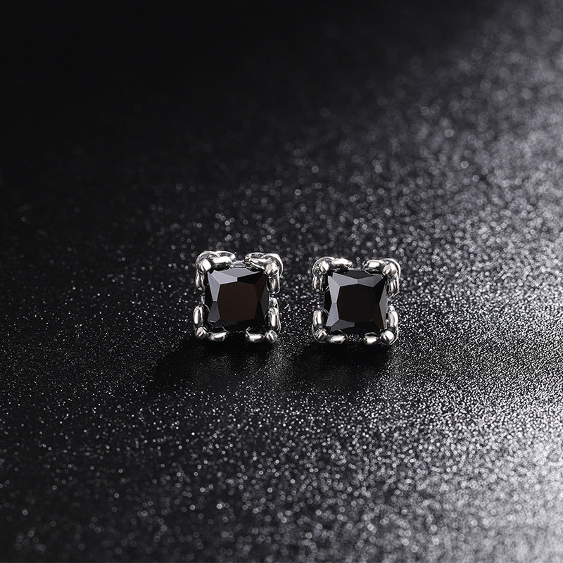 S925 Sterling Silver Personality Square Zirconium Women's Fashion Earrings Retro Punk