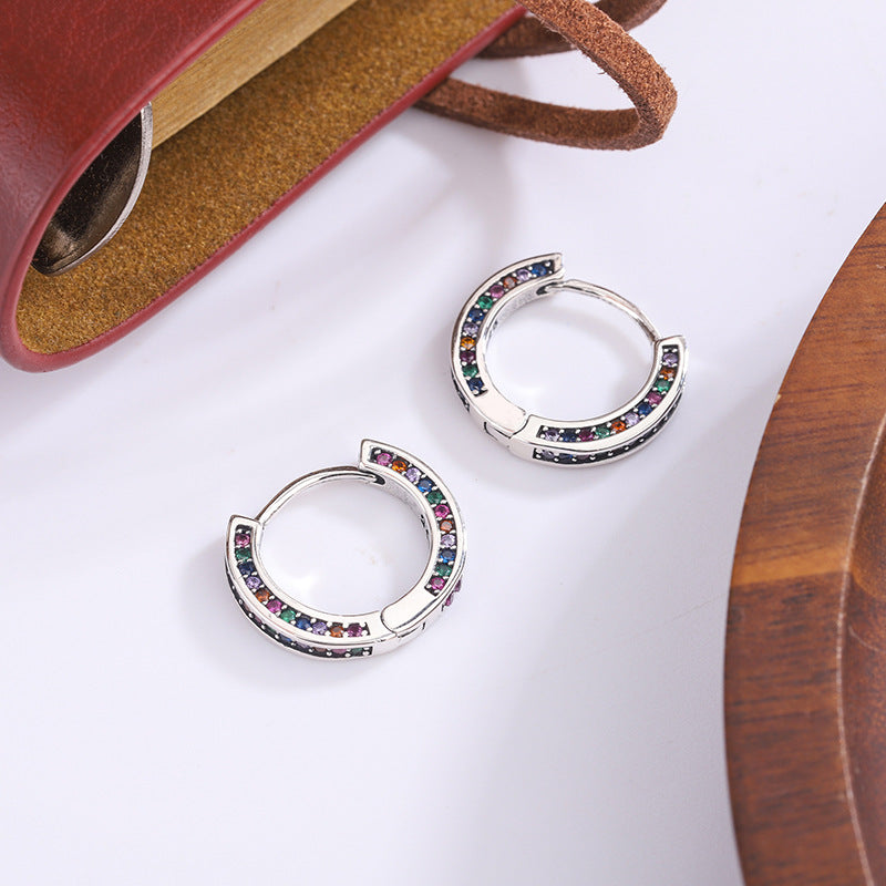 Ins Niche Design S925 Sterling Silver Inlaid Color Diamond Rainbow Ear Buckle