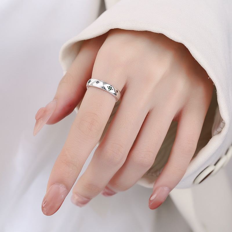 French Light Luxury Wind Full Body S925 Sterling Silver Star Retro Inlaid Color Star Ring Index Finger