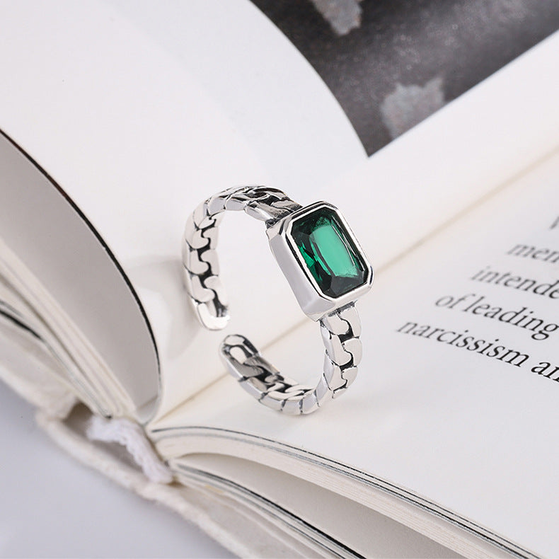 925 Sterling Silver Ring Womens Worn Green Square Zircon